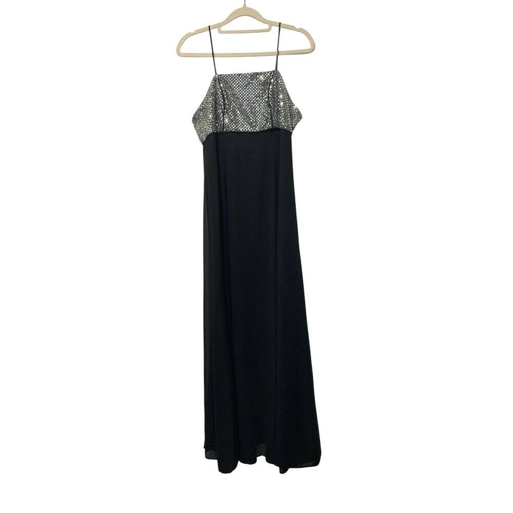 Vtg 90s Y2K Nikki Italy Sequin Top Column Maxi Dress Gown Black Silver Womens 9